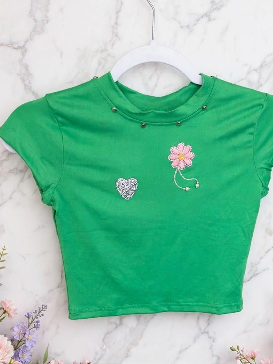 New fashion Tops - Girls Bright Green Short Sleeve Tee with Flower & Heart Accents